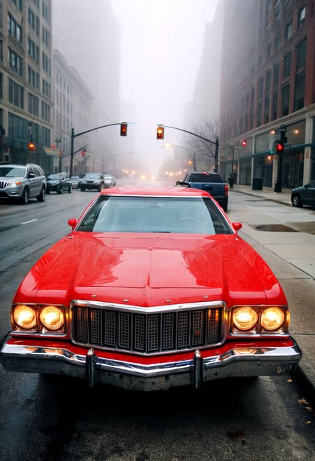 gleaming red Ford Gran Torino, front view, Chicago avenue, bright headlights, foggy morning, 4K, highly detailed, (grainy 35mm photo)