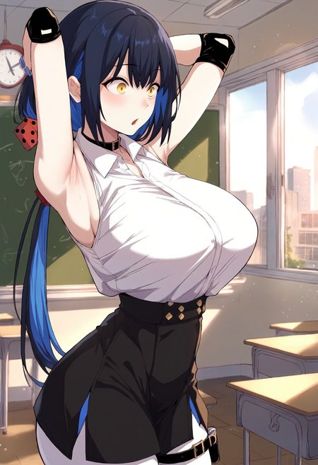 score_9, score_8_up, score_7_up, score_6_up, source_anime, rating_explicit, 1girl, huge breasts <lora:Bang Yerim prefectPonyxl:0.9> blue hair, black hair, yellow eyes, medium hair, colored inner hair, blue nails, long hair, low ponytail, red dice hair ornament, black choker, collar, white shirt, sleeveless shirt, collared shirt, wristwatch, belt, elbow pads, high-waist skirt, black skirt, white pantyhose, thigh strap, surprised, classroom, window, indoors, looking to the side, from side, arms behind head, armpits