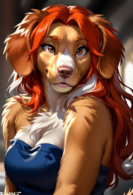 score_9, score_8_up, score_7_up, (by kittydee:1.5), (by jailbird:1.5), (by zummeng:1.5), masterpiece, best quality, 
score_9, score_8_up, score_7_up, (by kittydee:1.5), (by jailbird:1.5), (by zummeng:1.5), masterpiece, best quality, (Furry Art: Anthro: nova scotia duck tolling retriever:1.5), 1girl, expressive eyes, feminine eyes, perfect face, feminine face, duck tolling retriever, dog, canine, red-brown fur, pink nose, floppy ears, white nose and forehead fur marks, two-toned fur, white fur, brown eyes, (multicolored hair), (orange hair with white highlights:1.5), strapless dress,