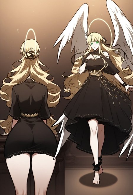 Score_9, Score_8_up, detailed background, high quality, night, pov, bedroom, Expressiveh, Character, zPDXL, Uriel, green eyes, blonde hair, long hair, classic clothes, black dress, necklace, halo, white wings, clothes, toned, large breasts, puffy nipples, large ass, ass expansion, thick thighs wide hips, wide shot showing female, full body shot, looking at viewer, lustful, posing