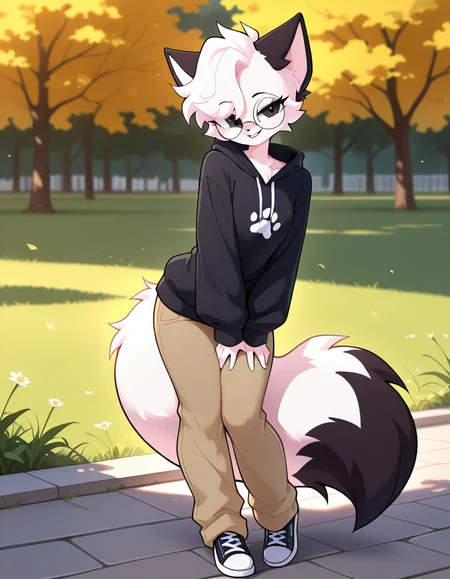 masterpiece, best quality, very aesthetic, absurdres,
outdoors,
full body, posing, casual, 
seductive smile, parted lips, long eyelashes,
<lora:Catt_v01_NAIXL:1>,
Catt,1girl,solo,furry,furry female,cat girl,short hair,white hair,cat ears,black eyes,round eyewear,animal nose,body fur,two-tone fur,white fur,black fur,cat tail,