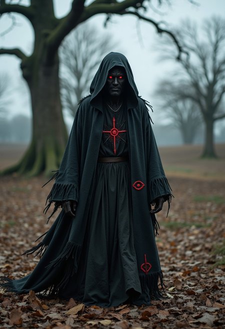 A cinematic shot of a sorcerer with dark magic. The sorcerer has black skin and glowing red eyes. They are wearing tattered robes with occult symbols. The sorcerer is standing in a desolate landscape. The ground is covered in dead leaves. There are large, twisted trees in the background. The sky is overcast.