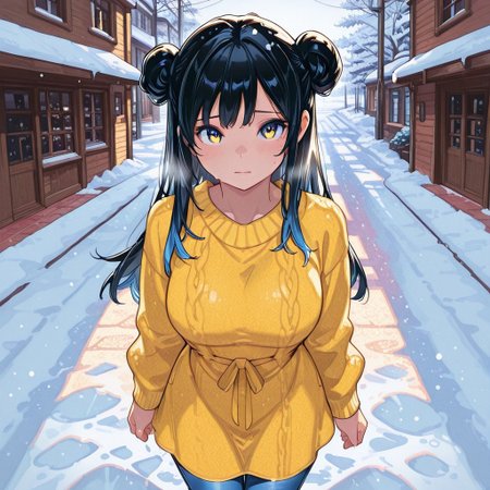 highres, ultra-detailed, illustration, colourful, masterpiece, 8k, soft lighting, (1girl, black hair, double buns, yellow dress, blue denim pants) , standing , winter , sweater , shivering , looking at viewer , snow , street , perfect body , romantic look