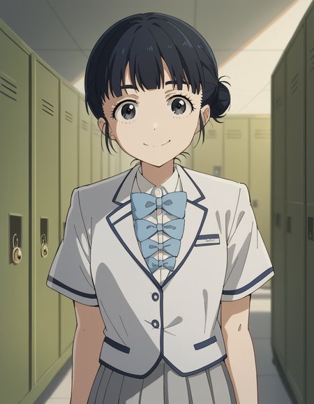 score_9, score_8_up, score_7_up, source_anime, <lora:tiara-basori-s1-ponyxl-lora-nochekaiser:1>, tiara basori, bangs, black hair, hair bun, black eyes, single hair bun,, skirt, shirt, bow, school uniform, white shirt, short sleeves, grey skirt, pleated skirt, bowtie, blue bowtie, blue bow, blazer,, school hallway, lockers, between classes, everyday life, , looking at viewer, smile, solo,, cowboy shot, dutch angle
