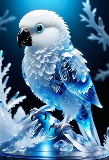 a pretty white bird parakeet  made from Jed-Blmicry, masterpiece, full of details,  <lora:BioIceCrystalStyle-000006:0.7>,