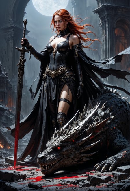 A fierce, battle-hardened female warrior standing victorious beside the lifeless body of a massive dragon. The warrior, with long red hair and wearing dark, gothic outfit that reveals her midriff and thighs, exudes a powerful presence. Her outfit is intricate, featuring metal accents, leather straps, and a cape that flows down her back, emphasizing her warrior status.
She holds a massive, blood-stained sword planted firmly into the ground, symbolizing her triumph. Blood from the dragon stains the earth around them, and the creature's head lies low, its mouth open and fangs bared, as if defeated in a fierce battle. In the background, a desolate, smoky landscape with tall, ruined arches and faint flames hints at destruction, adding a post-battle atmosphere.
The overall color palette is dark and muted, with shades of gray, black, and red dominating the scene. The image conveys themes of strength, victory, and resilience, with the warrior embodying a relentless, almost mythical, heroism against the dragon.
 <lora:artisketchyfs-v02:0.65> <lora:FluxMythP0rtr4itStyle:0.7>  <lora:FluxDFaeTasticDetails:0.5> <lora:Midjourney:0.3>
