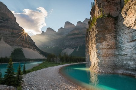A steep-walled canyon opens into a turquoise river in the Canadian Rockies, the cliffs layered with ancient stone. At summer sunrise, (rosy peaks:1.2) reflect in calm water, birds fly low, and dew sparkles. ,