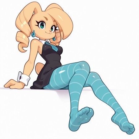 Masterpiece , high quality, 1girl, solo, rabbit girl, blonde body, furry, anthro, blonde fur, 1girl, blonde hair, twin drills,  black school uniform, dress, blue pantyhose, striped pantyhose, rabbit ears, bunny girl,blue earrings, animal ears, animal nose, white background, sassy, medium breasts size, smiling, bare shoulders,sleeveless, anime eyes, detailed eyes, blue tie, eyelashes, aqua cyan eyes, beautiful eyes, bright colors, light eyes color, shiny skin, muscular, solo, dynamic pose , showing soles, showing feet