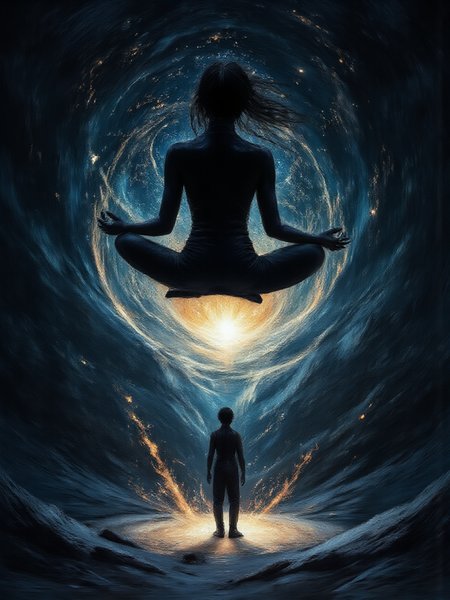 An illustrated image of a woman meditating while floating above a glowing crater, with stars visible in the distance.  <lora:midjourney_whisper_flux_lora_v01:1.1> Midjourney_Whisper,  
<lora:Midjourney_Whisper_Elegance:1.0> 
<lora:InkEdgeMono-Complex_Epoch-08:1.1> 1NK3D63-M0N-C0M, an illustration of, background is <lora:midjourney_whisper_chromaplex_v1:0.5>, border is midnight blue | no deformed hands, no too many limbs, no too many fingers,