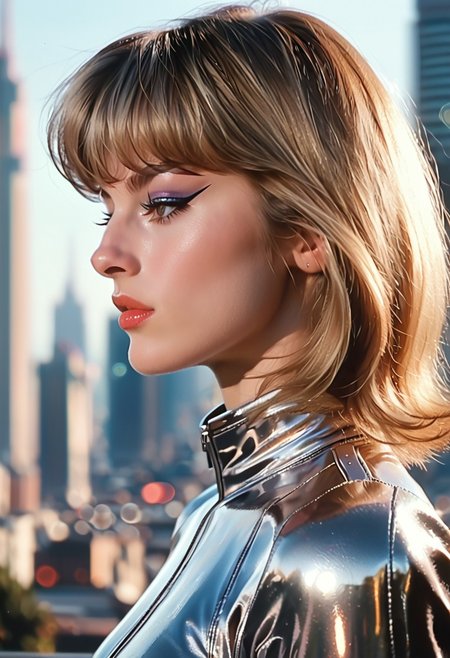 score_9, score_8_up, score_7_up, ar3na1989 detailed, cinematic, profile, side view, focus, bokeh, (portrait), face focused, bignoselady, large nose, aquiline, ((bangs)), (milf, mature), 1girl, mid shot, silver jumpsuit, makeup, eyeliner, eyeshadow, futuristic, blonde hair, bobbed hair, ultra detailed, 8k, skin pores, grain, photograph, retro, 1990s fashion, analog, film, nineties, outside, nighttime, cityscape, (sci-fi aesthetic), ArsMovieStill, movie still from a 60s psychedelic movie