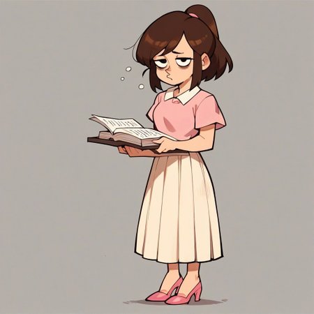 score_9,score_8_up,score_7_up,score_6_up, 1girl,brown hair,black eyes, eye bags,sleepy, ponytail, beige tuxedo, pink shirt, beige long skirt, pink high heels, jewelry,long leg's,standing,writing on a notebook, gray background,looking at viewer,solo