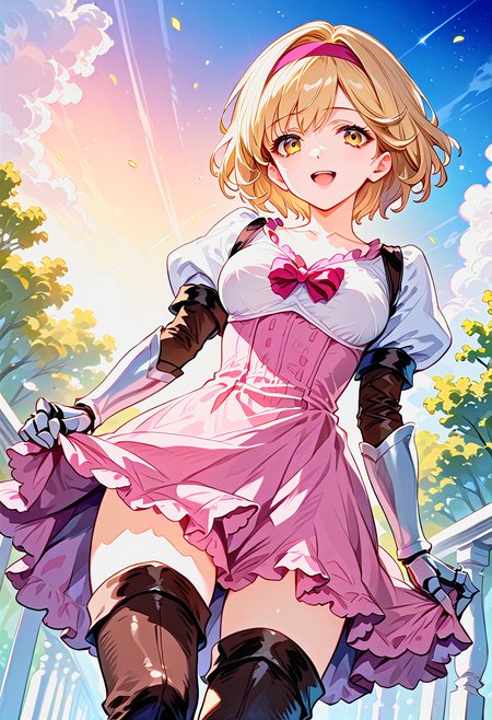[3x3misTypeC is merged by ichigodaifuku, Horny Fox is merged by Olejkee:100], [zPDXLxxx::0.6], score_9, score_8_up, score_7_up, rating_questionable, source_anime, best quality, masterpiece, dreamy watercolor, depth of field, fcx, fyx, phc, yuh, very aesthetic, absurdres, retro style, <lora:Expressive_H-000001:0.5>, Expressiveh, <lora:flat_sdxl:-0.2>, <lora:Mixed_ArtstyleV2:0.5>, [this lora is made by MaiiaM:100], <lora:pony_good_hands:0.2>, good_hands, <lora:iris_size_control2_pony_02:0.4>, <lora:detail_eyes-000019:0.2>, [this lora made by sadsilly:100], detail1eye, anime, 1girl, long eyelashes, ultra detailed eyes, beautiful eyes, bright eyes, faint lips BREAK (three quarter view:0.2, (from below:0.4), (dutch angle:0.4),  fullbody, sunset, smile, open mouth, closed eyes BREAK <lora:spgbfDjeetaXLPony:1>, djeetadef, blonde hair, short hair, pink hairband, yellow eyes, medium breasts, dress, puffy sleeves, gauntlets, brown thighhighs, thigh boots