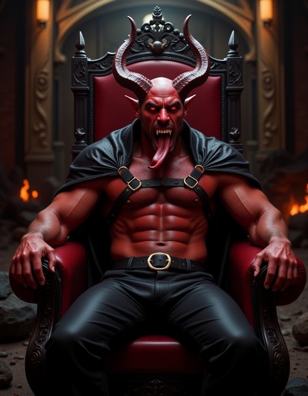 Pony_Flux_002, The image is a highly detailed, CGI-rendered digital artwork depicting a muscular, demonic figure seated in a grand, ornate throne. The figure, a male, has a menacing, muscular physique with a deep, crimson skin tone and a pair of large, curved horns protruding from his head. His face is a twisted, demonic visage with sharp teeth, glowing red eyes, and a forked tongue lolling out of his mouth.