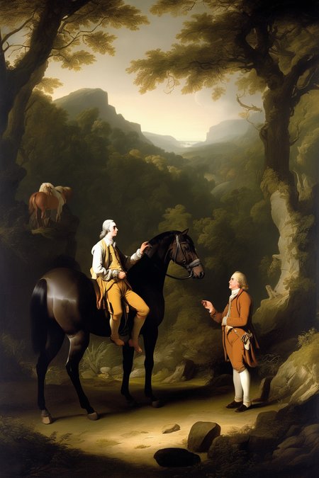Joseph Wright Of Derby Style - a scene where Gulliver, a man in the simple clothing of a castaway, converses with noble, intelligent horses in a serene landscape. The natural setting has an unspoiled and idyllic quality. The artistic style would match that of a Romantic-era landscape painting, emphasizing emotion and individualism, capturing the contrast between human follies and the wisdom of nature.