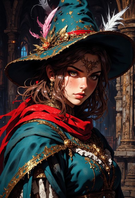 Portrait of a young woman with a serious yet determined expression, wearing a teal, wide-brimmed hat adorned with small golden flowers and a red band. A long, white feather and a shorter pink feather are attached to the hat, flowing slightly outward. Her shoulder-length brown hair is slightly wavy, peeking out beneath the hat. She has a red scarf or bandana tied around her head, partially covering her hair. She wears a blue and red medieval-style outfit with white frilled accents, evoking a fantasy or Renaissance aesthetic. The background is a dark, shadowy interior of an ancient structure with stone walls, arches, and gnarled wooden beams, illuminated faintly by ambient light. The overall tone is moody and atmospheric, with a focus on the character’s detailed facial features and outfit.
