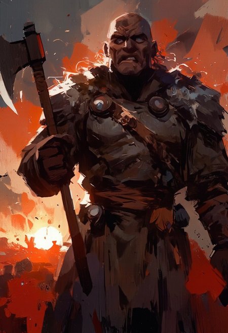 A close-up of a furious viking face, his glacier blue eyes glistening with tears that streak down his pale, thick long beard. long brown hair. Strands of hair cling to his face, damp from sweat and screaming. his trembling hands clutch a wooden handle of a large battle axe, reflecting faintly, casting soft, warm light across his masculine features. The background fades into a blurred haze of crimson and amber from a burning sunset, with faint silhouettes of fallen comrades barely visible. The focus is intensely dramatic, capturing every detail of his rage and the fight he is about to enter.