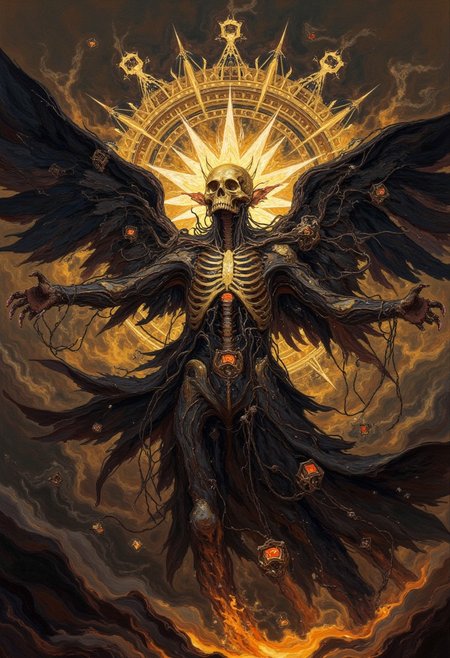 oil painting of 
A haunting, celestial figure hovers at the center, an unsettling fusion of angelic and skeletal forms. The being’s exposed ribcage and spine gleam like gilded bronze, intricately crafted with ornate mechanical details, as if forged from both flesh and machinery. Its face is a smooth, golden skull crowned by a radiant halo of sharp, glowing rays, resembling a divine yet ominous sun. 
Massive wings extend outward, a mix of decayed feathers and metallic extensions, their tips fraying into dark tendrils that twist like living wires. The arms stretch wide in a solemn, ritualistic gesture, with cables and chains dangling from the figure's wrists, snaking into the surrounding void. The chest glows faintly with two molten, golden cores that pulse like a heartbeat, radiating both light and power.
The backdrop is a swirling expanse of shadows and smoke, crawling with faint demonic shapes, as if unseen forces loom beyond the darkness. Geometric symbols, faintly glowing in deep amber hues, frame the figure — cubes and lines intersecting as though part of an ancient mechanism. The air is heavy with reverence and dread, as though the figure embodies both a divine messenger and a harbinger of ruin, eternally suspended between creation and destruction.
, visible brushstrokes, atmospheric haze, low key, moody lighting,watercolors,DB4RZ, DB4RZ style painting