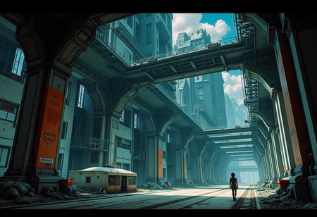 A colored CGI movie still of a megastructure in the style of blame!, with manga lineart, lots of black filling spaces, a dark horizon, and a spiritual lonely journey. The scene shows a huge open plane, a megacity, a huge open space, a brutalist architecture, stairways on towers and pillars, long slim connecting bridges, and a far away arena ceiling with cables hanging down, large pipes. The materials are dull metal and concrete. The mood is lonely, dark and gloomy. The perspective is from the side, wide lens. The scene also suggests that the megastructure is inside a giant artificial habitat, and has cables, wires, cracks and dirt.
.
A colored CGI movie still of a megastructure in the style of blame!, with manga lineart, lots of black filling spaces, a dark horizon, and a spiritual lonely journey. The scene shows a reactor, a reactorcore, windows, entrances, archways, an american mountainsummit, mountainrides, a megacity, a huge open space, a brutalist architecture, stairways on towers and pillars, long slim connecting bridges, and a far away arena ceiling with cables hanging down, large pipes. The materials are dull metal and concrete. The mood is lonely, dark and gloomy. The perspective is from the side, wide lens. The scene also suggests that the megastructure is inside a giant artificial habitat, and has cables, wires, cracks and dirt.