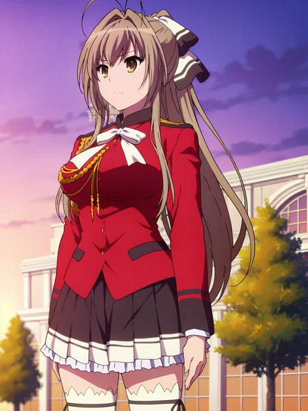 <lora:Isuzu_Sento:0.8>, sento isuzu, 1girl, solo, brown eyes, long brown hair, antenna hair, ponytail, hair ribbon, military uniform, red jacket, white bowtie, epaulettes, aiguillette, frilled skirt, white thighhighs, zettai ryouiki, frown, closed mouth, standing at attention, arms at sides, cowboy shot, looking ahead, outdoors, sunset, sky, cloud, palace, tree, blurry background