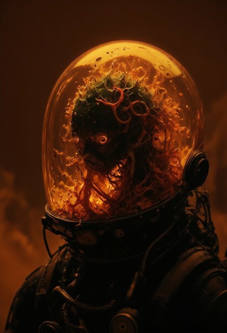 Close-up of an astronaut standing on a dusty, dark planet, with rough winds sweeping through the pale orange, dust-filled atmosphere. The focus is on the helmet, where colorful, translucent fungal networks twist and grow inside, faintly glowing from within. The delicate glow casts soft, ethereal light across the organic tendrils, creating a hauntingly beautiful contrast against the dark, worn helmet. Deep within the tangled fungi, two faint eyes can barely be seen, adding a mysterious, eerie presence. The scene is detailed, with an otherworldly, ominous atmosphere.