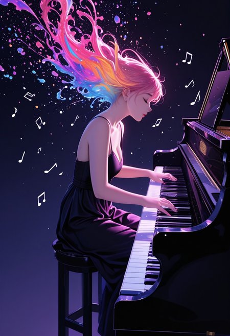 masterpiece, high quality, best quality, absurdes, highres, vivid lighting, vibrant colors, intricate details, hdr, stylized, realistic, depth of field, detailed, artistic, detailed eyes, colorfull, bright, paint splashes
a girl sitting and playing piano, floating notes in the air, melody,