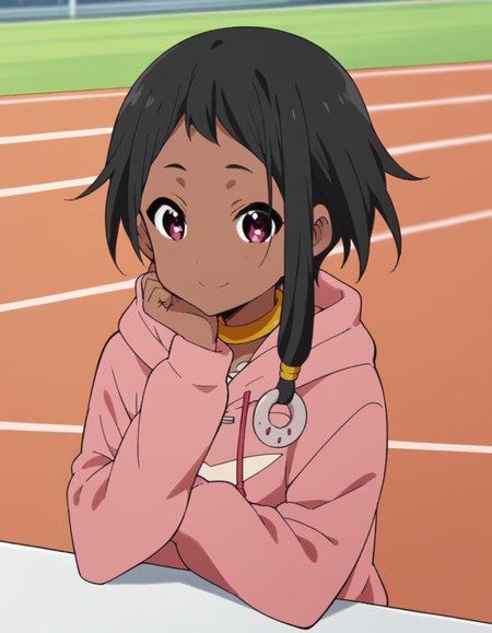 score_9, score_8_up, score_7_up, source_anime, <lora:choi-mochimazzi-s1-ponyxl-lora-nochekaiser:1>, choi mochimazzi, short hair, black hair, dark skin, dark-skinned female, pink eyes, sidelocks, jewelry, hoodie, pink hoodie, skirt,, running track, lanes, red, exercise, race, smile, sitting, head rest, table,, looking at viewer, solo,, dutch angle, cowboy shot
