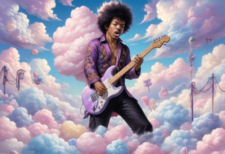 cottoncandy, action shot, detailed, Jimi Hendrix playing guitar made of purple cottoncandy,  surrounded by transparent multicolor clouds made of cotton candy