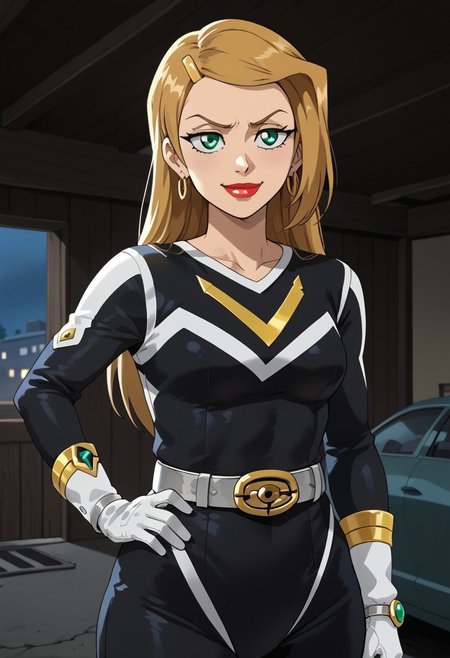 score_9, score_8_up, score_7_up, BREAK,
1girl, solo,  Sarah, green eyes, blonde hair, long hair, hairclip, earrings, lipstick, muscular, medium breasts, narrow waist, wide hips, sentaisaintforce, black bodysuit, silver belt, white gloves, spandex,  m-shaped chest symbol, helmet removed, no headwear,BREAK,
cowboy shot, smug, half-closed eyes, standing, hand on hip, indoors, garage, night,