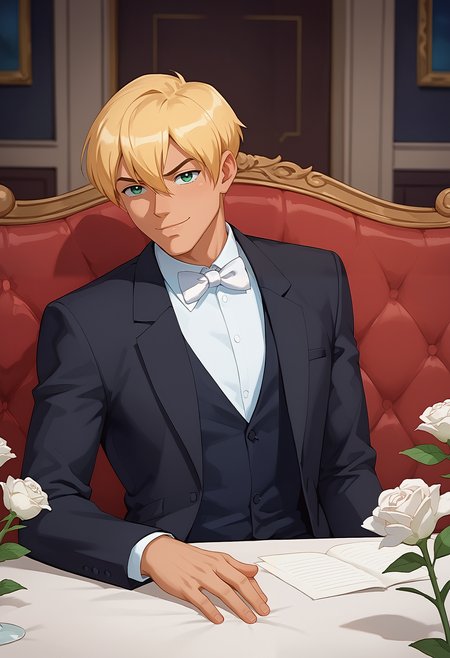 embedding:Pony\Positive\zPDXL3, score_9, score_8_up, score_7_up, kylekatz_ts!, 1boy, male focus, blonde hair, light tanned skin, green eyes, smirk, formal, bowtie, bow, offer a hand, suit, tuxedo, white rose, sitting best quality, high resolution, masterpiece.