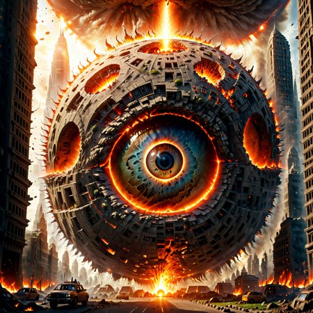 a single huge Elamite Sphere appears from the ground of the city, in the middle of the sphere is a highly detailed and perfectly formed eyeball. Under the sphere, flames erupt from the ground.  The sphere is covered by buildings, roads, parks and structures from the city. The scene is cinematic, dramatic and like from a sci-fi movie <lora:Elamite_Sphere:0.8>, masterpiece, 8k,