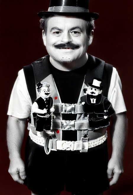 ((((((black and white,black shirt, belt, stubble, red theme, shorts, greyscale, 1boy, life vest)))))),((small man with mustache, top hat, kenbis, chibi, chibi, male only, male, male chibi, monocle, art deco, thick mustache, comically large mustache, handlebar mustache, tiny, multiple men, shrunk, microxl, some little guys,  high angle, from above)), bwMovies, realistic, photo, vintage photo, ((very small man, small man, a small man, a man who is small, a small man)), an unapologetically small human male, black and white, smiling, very happy, euphoric, ecstatic, wonderful small men, large smile, huge smile