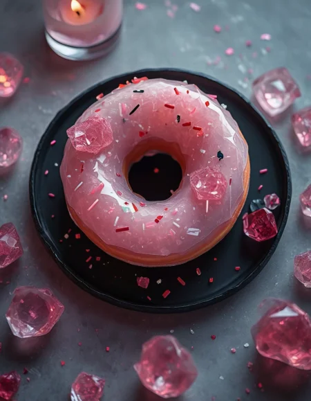 rp_slgd, food photography of translucent glazed crystal donut with sprinkles, romantic af dinner, one cheap candle, greasy donut box, served on folding table, voila...  <lora:zzz_trained\xl_rpr_soulgemmed_v1>