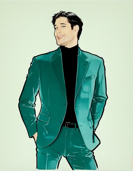 japanese line painting of de4n man, male, slutty, <lora:RG2:1.2>in the style of rene gruau, vogue, illustration, style, minimalistic>, dynamic pose, black turtleneck, blue velvet jacket <lora:de4n-niji-00-000008:1>, turning around, dreamy green eyes, white background, :d, happy, laughing