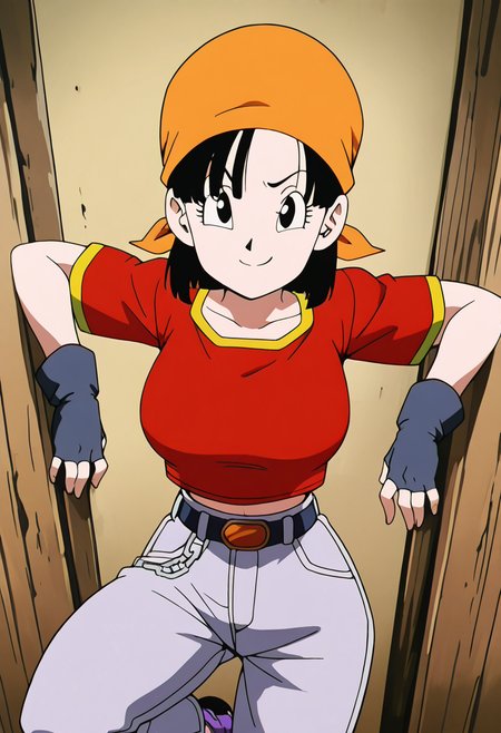 masterpiece, best quality, solo, curvy, beautiful eyes, aged up, large breasts, narrow waist, wide hips, 1girl, solo, smile, looking at viewer, foreshortening, close up,    zzPan, black hair, short hair,  bandana, fingerless gloves, red shirt, denim jeans,   ,<lora:PanDBGT_IXL:1.0>,leaning on wall, one leg bent, smug, looking at viewer,