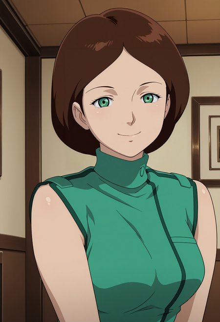1girl,solo,mm,mature female,brown hair,short hair,green eyes,anime coloring,
sleeveless,uniform,turtleneck,green shirt,upper body,looking at viewer, smile,indoors
,masterpiece,best quality,amazing quality,<lora:Emma_Sheen-Zeta_Gundam:0.8>