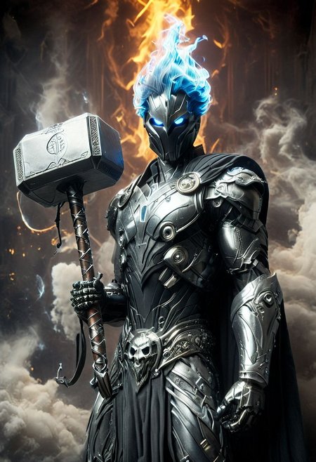 realistic high quality photography, style of Guido Argentini, pureerosface_v1, amazing quality, masterpiece, best quality, hyper detailed, ultra detailed, UHD, dof, hyper-realism, majestic, awesome, inspiring, Create a highly detailed Portrait of an evil smiling armored silver painted mechanical Hades-ish Like half human half Robot: cyborg holding the mysterious Mjolnir battlehammer from thor, holding Mjolnir, Focus on the detailed, intricate features of the weapon hammer mjolnir, with long translucent black/blueish billowing hair, High collar argyle bodysuit with skull print embedded, highly dramatic volumetric lighting, billowing volumetric fluffy translucent dark-amber lighting clouds backdrop.. cinematic composition, soft shadows, national geographic style,