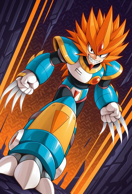 masterpiece, best quality, amazing quality, dutch angle, abstract background, BREAK
1boy, solo, android, mm7_slash, orange hair, black eyes, sharp teeth, claws, armor, BREAK
<lora:cfg_scale_boost:.6>  <lora:Slash_Man_-_Mega_Man_7_-_ILXL:1>