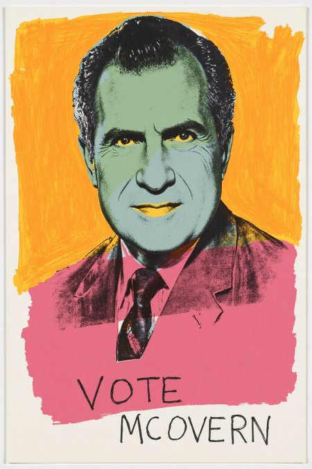 andywarhol1 illustration.
A portrait of a middle-aged man, Richard Nixon, shown from the chest up. 
The text at the bottom says "VOTE McGOVERN"
 <lora:andywarhol1_cap_d6a3:1.0><lora:836294965345663901:0>