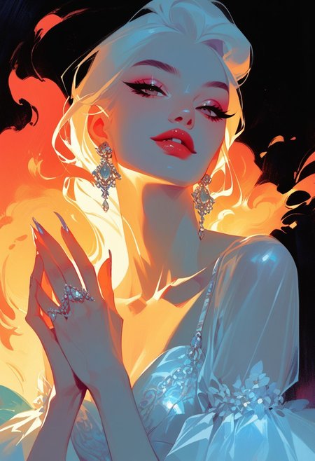 score_9, score_8_up, score_7_up, score_6_up, score_9_up, score_8_up,  ultra-detailed, high quality, negative, character concept art, limited palette, 1girl, beautiful, pale white vampire, elegant pose, futuristic fashion, a floating fire hovers between her hands, masterpiece, very detailed elegant gothic background