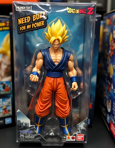 A dynamic scene on a "Dragon Ball Z" figure packaging, with the main figure GOGETA trapped behind a shiny layer of afpacking. The figure's uniform and battle saber are slightly distorted by the tight plastic, giving it a battle-worn look. The supporting art features an intense city battle scene, with "NEED BUZZ for my Power" stamped in blocky tactical letters above it. The packaging glows under the store's lights, adding an aggressive, action-packed vibe. <lora:ral-afpacking-flux:1>