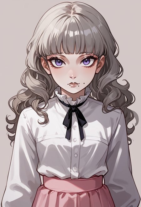 score_9, score_8_up, score_7_up,source_anime, Y0ney4m4_illu, BREAK 1girl, marina funger, sharp eyes, (mole under mouth:1.5), light gray hair, desaturated pink skirt, bangs, blunt bangs , long_sleeves,  long_hair, white shirt, wavy_hair,  black neck_ribbon, shirt, light gray purple eyes, long skirt, black_neckwear, pale_skin, blouse BREAK shoujo, dynamic angle, looking_at_viewer, ambiguous gender,