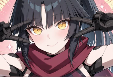 emotional engine - full drive, close-up, portrait, 1girl, solo, black hair, long hair, hime cut, yellow eyes, robot joints, humanoid robot, mechanical arms, scarf, leotard, bare shoulders, ponytail, ribbon, chaps, smile, double v  <lora:kato_danzo:1>, masterpiece, best quality, amazing quality, very aesthetic, absurdres, highres, newest