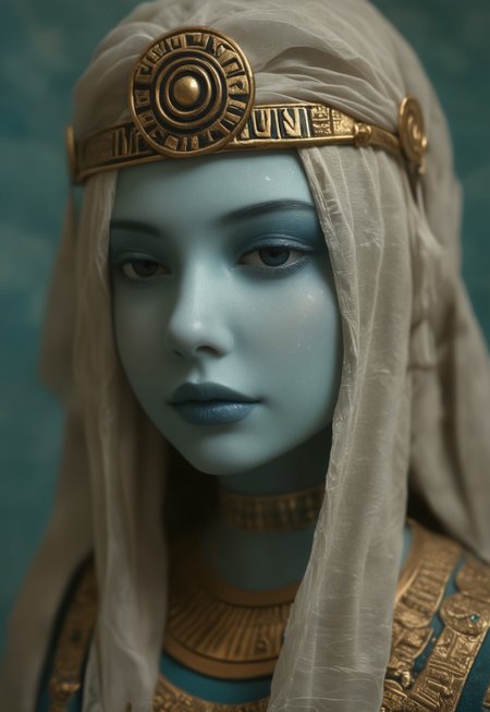 masterpiece, best quality, highly detailed, score_9, score_8_up, score_7_up, Expressiveh, 
Envision a close-up portrait of a female figure wrapped in ancient, hieroglyph-covered cloth, surrounded by a cold, polygonal blue background. The fabric is aged, with cobwebs adorning its edges, and each hieroglyph is meticulously detailed, adding layers of mystery to the figure. Only their eyes are visible, emanating an otherworldly presence that contrasts sharply with the sharp, crystalline facets of the background. The blue gradient ranges from icy whites to deep navy, giving a sense of an endless, frozen landscape. The detailed textures of the fabric and the clarity of the background facets make the scene feel tangible, as if the figure were a relic preserved within a digital prism. This fusion of ancient and modern aesthetics invokes a haunting and futuristic atmosphere, a glimpse into a world where the past is locked within an icy, geometric void.
<lora:Dynamic Poses:1> 
<lora:detailed_notrigger:1>
 (((full clothed))),