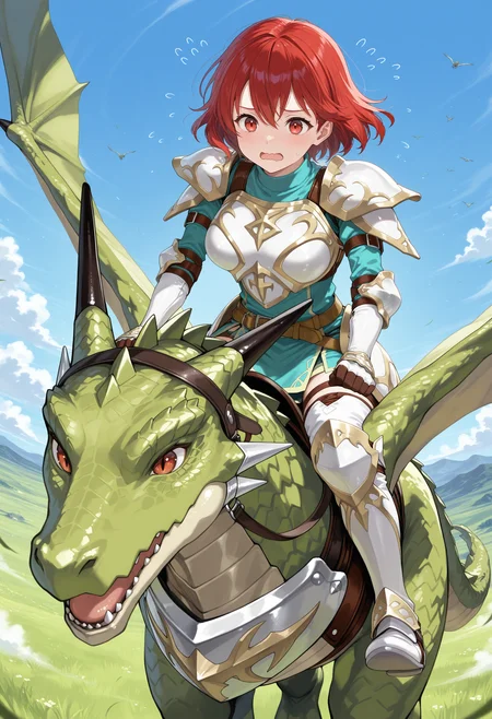 SmoothNoob_Quality,masterpiece,outdoors,sky,flying,1girl,1other,solo,large breasts BREAK wyvern rider,dragon riding,knight,green dragon,flying,breastplate,open mouth,shoulder armor,pegasus knight uniform \(fire emblem\),<lora:wyvern rider-NAI:0.9>,<lora:NOOB_vp1_detailer_by_volnovik_v1:1>,scared,wavy mouth,flying sweatdrops,