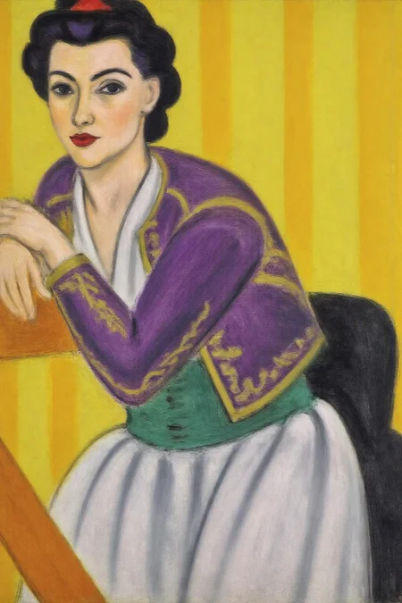 henrimatisse1 painting. 
A woman seated at an opera balcony, with her hands resting on the rail. She is wearing a purple jacket with gold embroidery over a green and white dress. Her hair is styled in a classic updo, and she has a red hairband. The background is a vibrant yellow. <lora:henrimatisse1_f16e11:1.0><lora:870726913910377481:0>