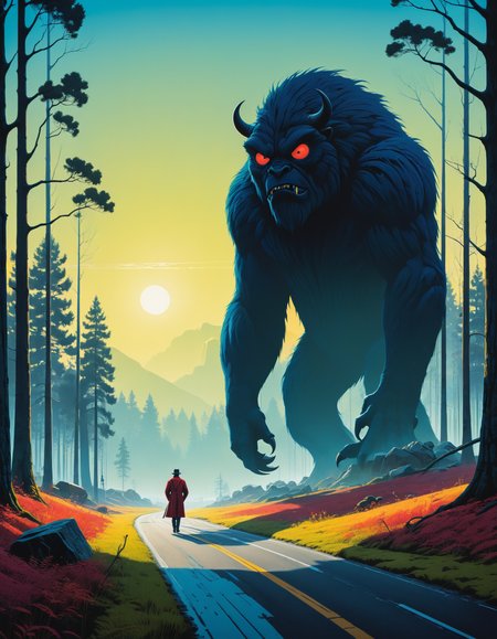 by Eyvind Earle and Simon Stålenhag,  (majestic , pleasant , masterful:1.4), poster art, bold lines, hyper detailed, expressive,  award winning,  (monster:1.4), (intricate details, masterpiece, best quality:1.4),
bokeh , looking at viewer, dynamic pose, wide angle view,
<lora:add-detail-xl:1> <lora:xl_more_art-full_v1:0.5> <lora:looking_at_viewer:2>