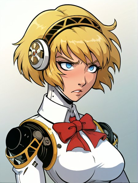 score_9_up, score_8_up, score_7_up, rating_explicit, solo focus, dynamic pose, portrait, headshot, depth of field, 1girl, <lora:persona3_aegis_ponyXL-11:1>, p3aegis, android, robot joints, short hair, blonde hair, hairband, headphones, blue eyes, red bow, medium breasts, 
, gradient background, <lora:Akabur_Style_autism:.8>, 4K4BUR5TYL3