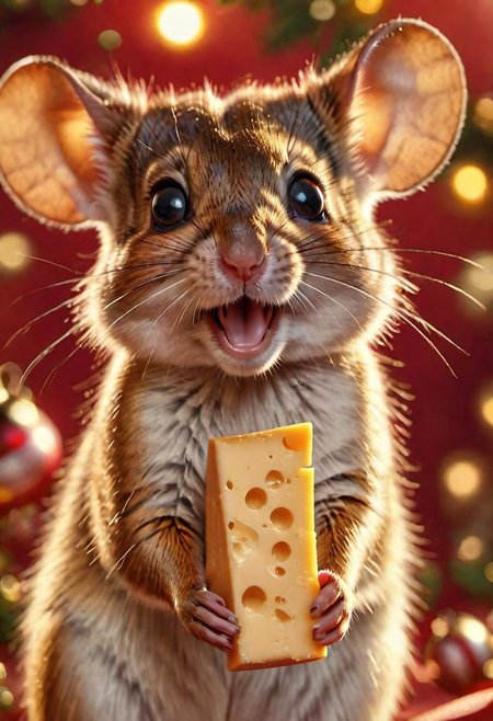 Laughing mouse receives a piece of cheese with a red ribbon, surprise, happiness, joy, festive background, gldnglry, highly realistic, highly detailed, 8k