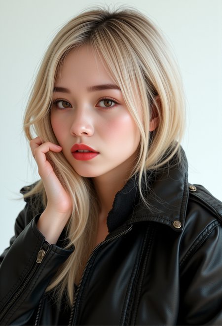 She is approximately 18 years old. Hyperrealism, she is looking at the camera, (dynamic angles), headshots of a beautiful, stunning unique female character. she has hair. her brown eyes are filled with joy and excitement, extravagant eyelashes,  A photo of Ae-cha, a woman, is shown. She has blonde hair and is wearing a black leather jacket. The photo is in black and white, giving it a classic and timeless feel. Ae-cha is posing for the camera, with a hint of a smile on her face. The composition of the photo is simple and elegant, focusing on the subject and her outfit..  She has a slight smile on her face and is looking directly at the camera. The background is a simple white wall.. making this image a masterpiece of photography and digital art. Style: realistic hyper-detailed rendering, 32k UHD, expressive eyes, punk, graphic design, girl's face, pretty and cute, gleaming lips, white skin, telling a tale of adventure. Exuding confidence and serenity. The background is a simple white wall. The overall mood of the image is happy and relaxed.RAW candid cinema,16mm,color graded portra 400 film,remarkable color,ultra realistic,textured skin,remarkable detailed pupils,realistic dull skin noise,visible skin detail,skin fuzz,dry skin,shot with cinematic camera,detailed skin texture,(blush:0.2),(goosebumps:0.3),subsurface scattering,beautiful photograph in the style of Augustus John,Sergio Toppi,Virginia Frances Sterrett,8k HD,detailed skin texture,ultra realistic,textured skin,analog raw photo,cinematic grain,whimsical,detailed hand,perfect hand.perfect style.