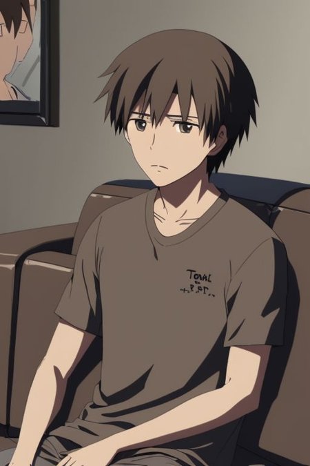 high resolution, solo, best quality, 1Boy, Takaki Toono, Brownish Hair, Brown Eyes, deep talk, depression, sit, couch, OverallDetail
